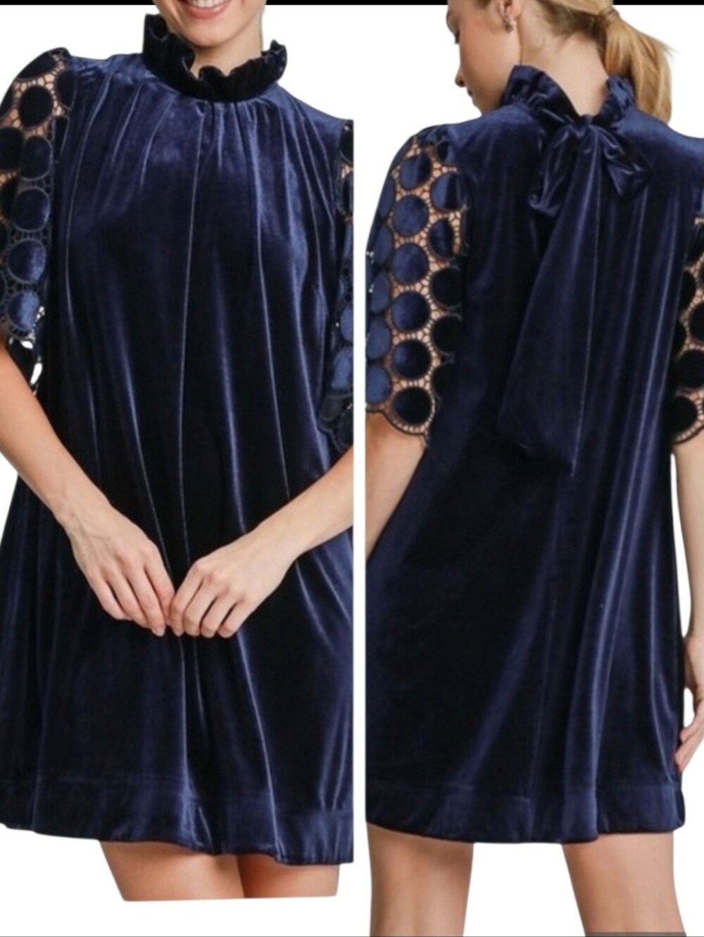 NEW With Tag Umgee Velvet Crochet Sleeve Tie Neck Shift Dress Sz M Navy Blue NWT